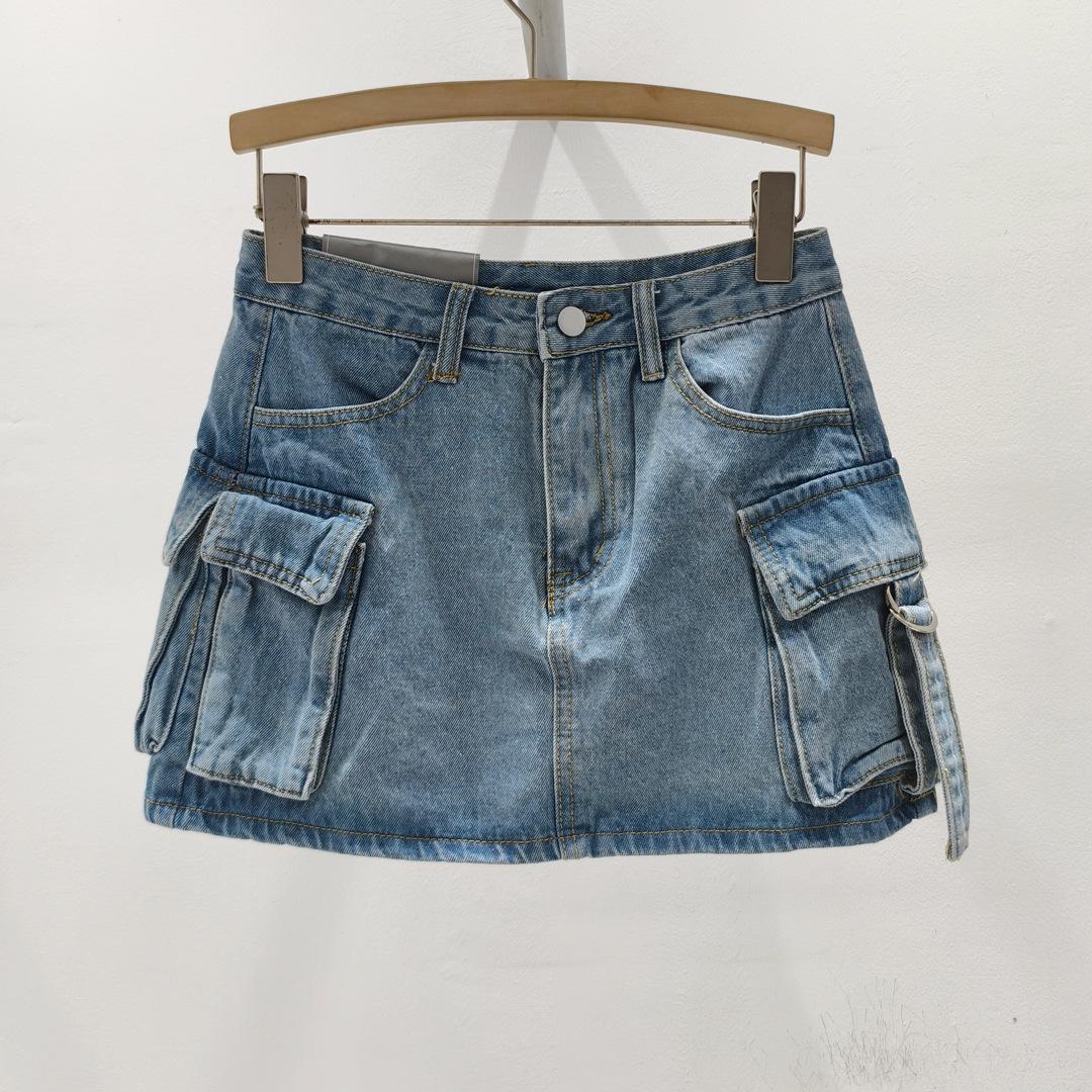 Korean denim skirt for women, summer slimming design workwear pocket short skirt, high-waisted anti-exposure A-line skirt S светло-синий