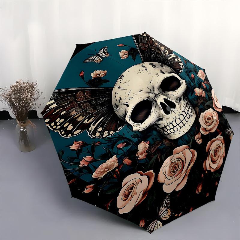 1pc skull flowers umbrella with 8 iron ribs and a plastic handle, automatic opening and closing, and daily use.1046