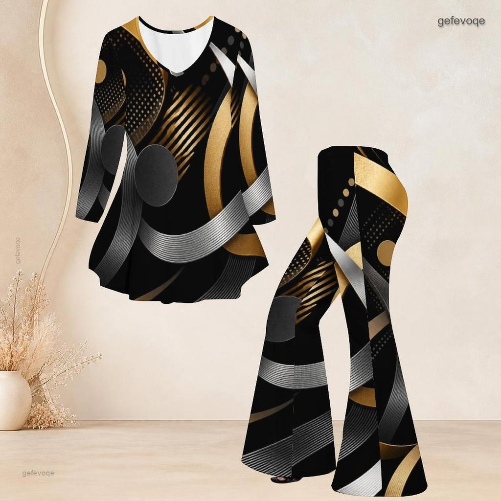 Damen Plus Size Zweiteiler V-Ausschnitt Langarm Bedrucktes Ausgestelltes Oberteil Ausgestellte Hose Schwarz Blau