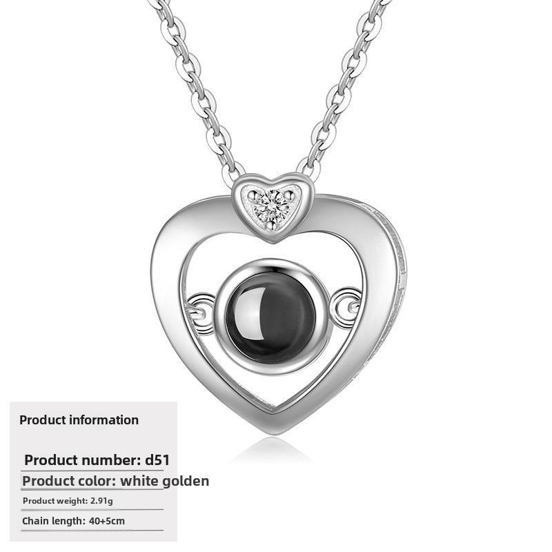 S925 Silver Peach Heart Projection Necklace 'I Love You' in 100 Languages