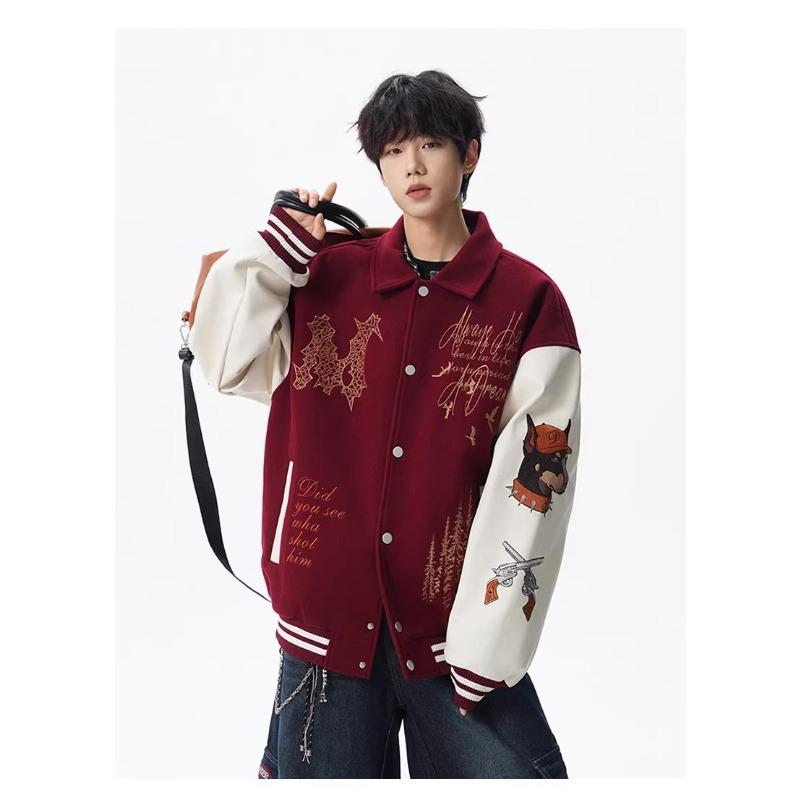 Men S American Style Loose Thick Red Baseball Jacket