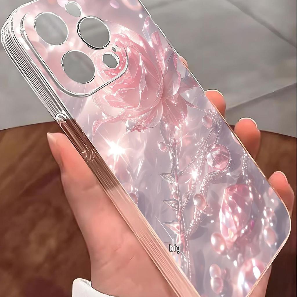 Pink Rose Anti-Drop Transparent Case for iPhone 14/15/16/17 Pro Max