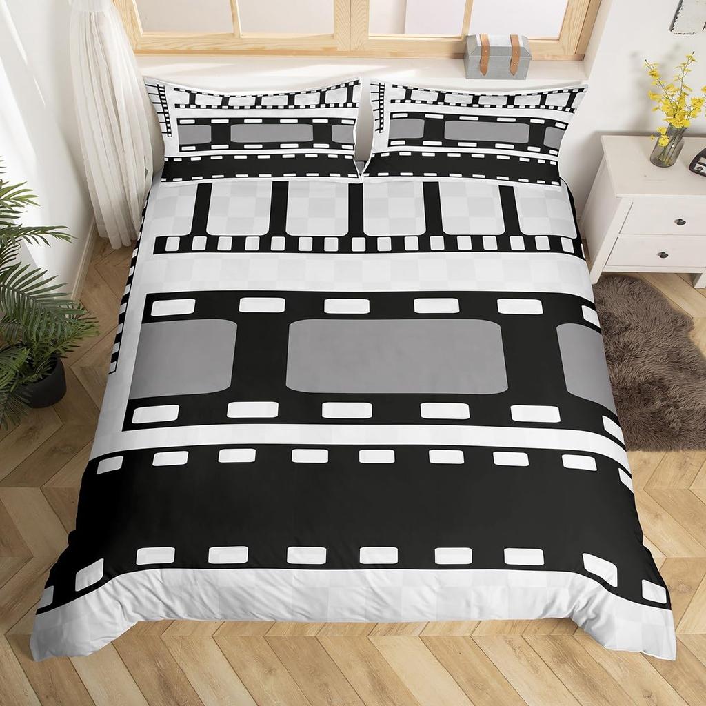 Movie Themed Bedding Set Full Queen for Boys Girls Family Home Theater Decor Vintage Comforter Cover Film Theme Duvet Cover Set