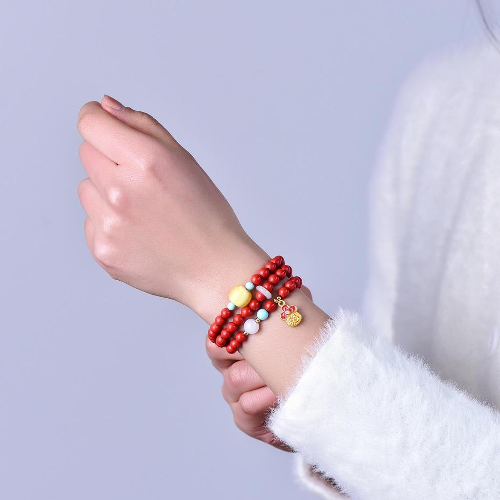 6mm Cinnabar and Amber Triple-Round Bracelet with Pendant