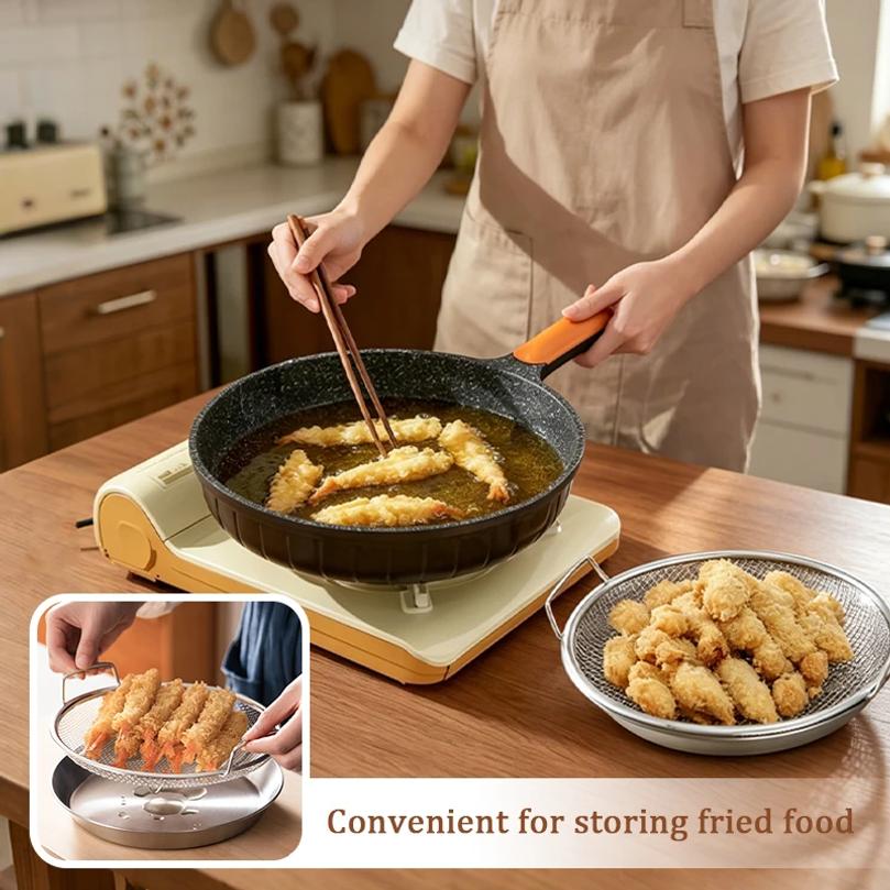 Polished Stainless Steel Oil Filter Tray, Reusable Round Mesh Basket for Frying/Grilling,All-Season Kitchen Strainer with Handle