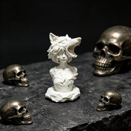 3D Printed Dark Wolf Girl Bust Sculpture, Wolf Head Design Compact Desktop Ornament for Study Esports Room Unique Gift Decor