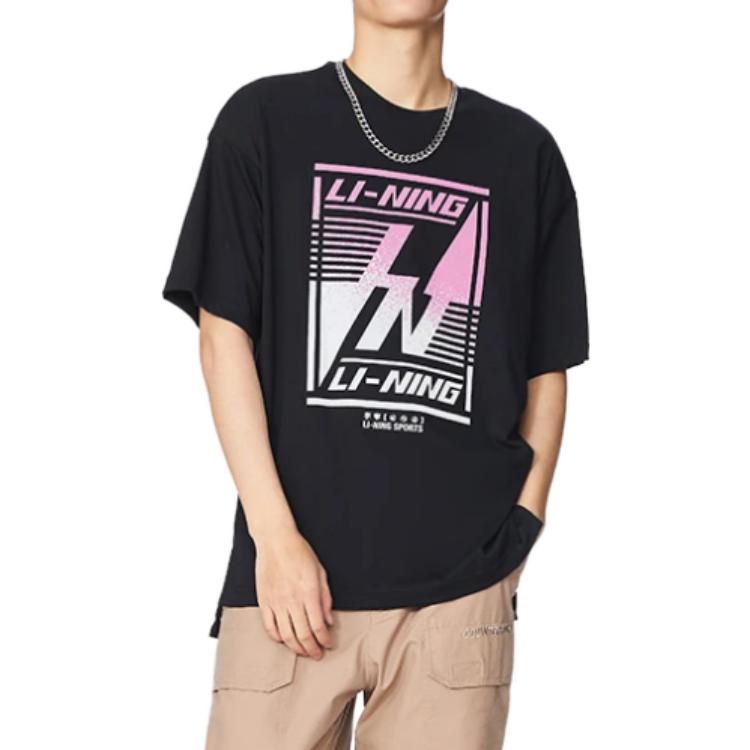 Li-Ning Patterned Print Loose Round Neck Short Sleeve T-Shirt Men Tops Black AHSS127-2