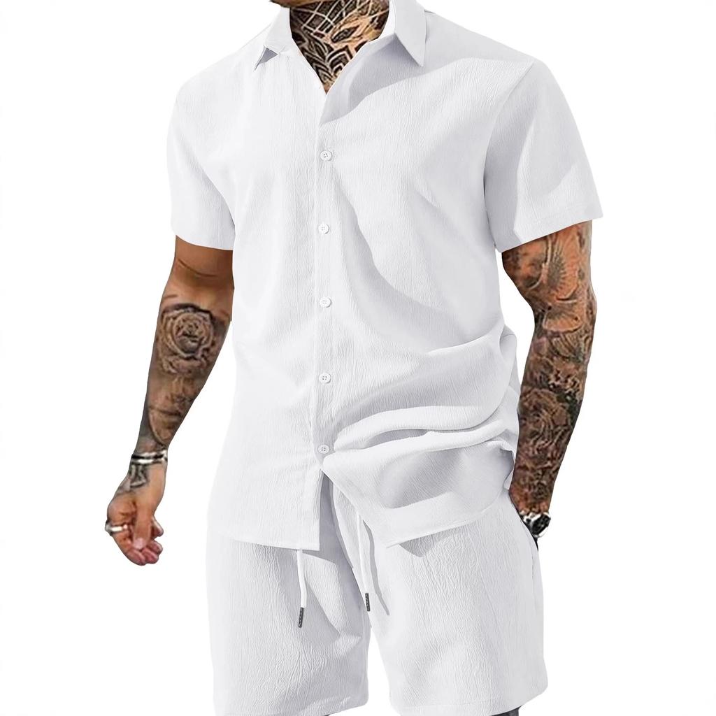 Men Wrinkle Textured 2 Piece Set Short Sleeve Button Shirt & Drawstring Shorts Summer Beach Casual Matching Outfit