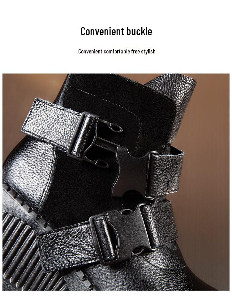 Women's Retro Genuine Leather Martin Boots - Height-Increasing, Thick Sole Ankle Boots for Autumn/Winter, British Style.