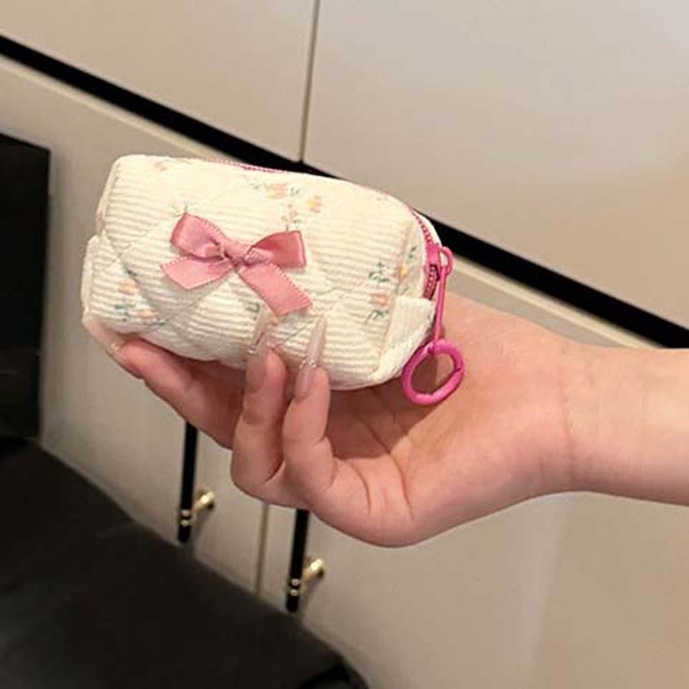 Embroidered Bowknot Quilted Cosmetic Pouch Floral Print Small Coin Purse Teenage Girls