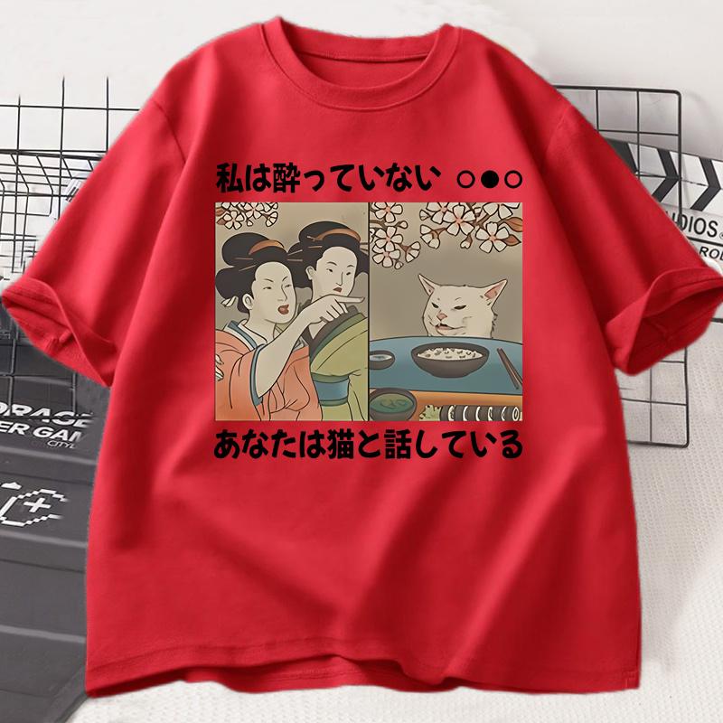 Japanese Style Cartoon Cat T-Shirts Summer Harajuku Kawaii Cat Printed Short Sleeve Tees Harajuku Y2K Tops Vintage Streetwear