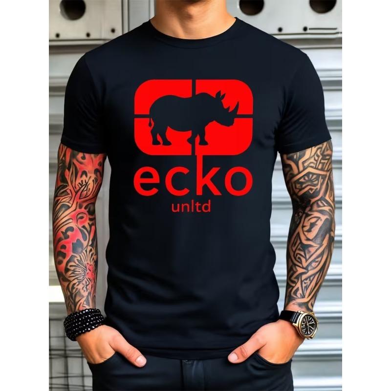 

European Size Men S T-Shirt Ecko Rhino Logo Print American Street Trendy Style Trendsetter Essential Daily Casual Breathable Top 4XL чорний