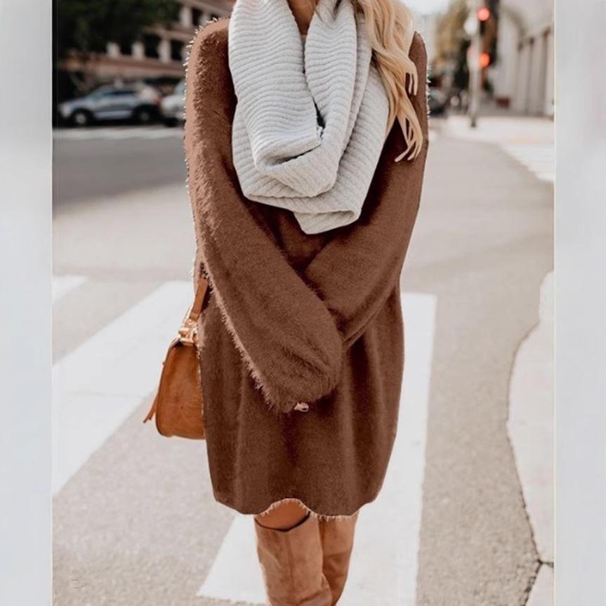 2025 Women's Autumn/Winter Mid-length Long Sleeve Round Neck Loose Plush Dress