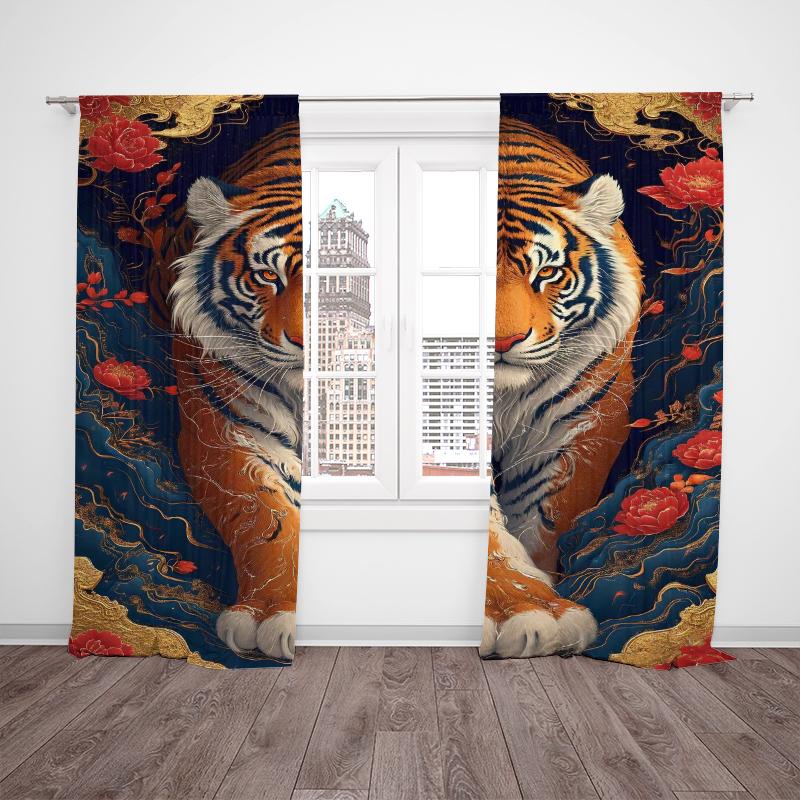 Animal Tiger -2 Pieces - Printed Curtain, 100% Polyester, Suitable for Home Decor