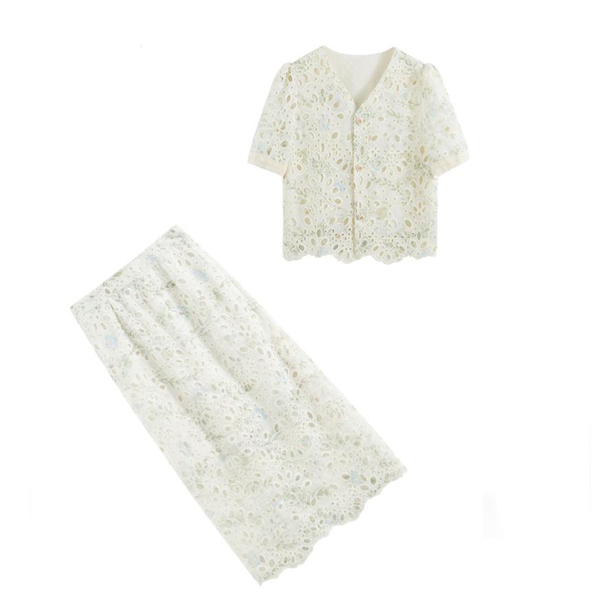 Hollow suit women's summer new design temperament socialite short-sleeved top skirt two-piece set