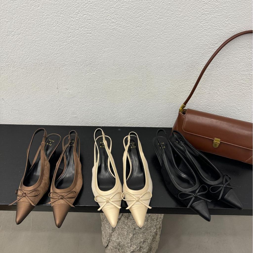 2025 Spring and Autumn New Light Mouth Pointed Head Thin Heel Medieval Shoes Bow Single Shoes with Color Matching Thin Heel