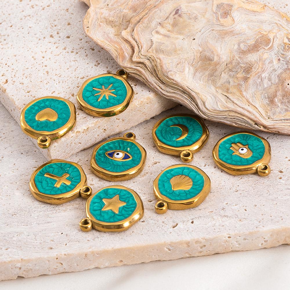 5 Pcs/Lot French Retro Style Enameled Round Stainless Steel Multi Pattern Pendant For DIY Necklace Jewelry Accessories Wholesale