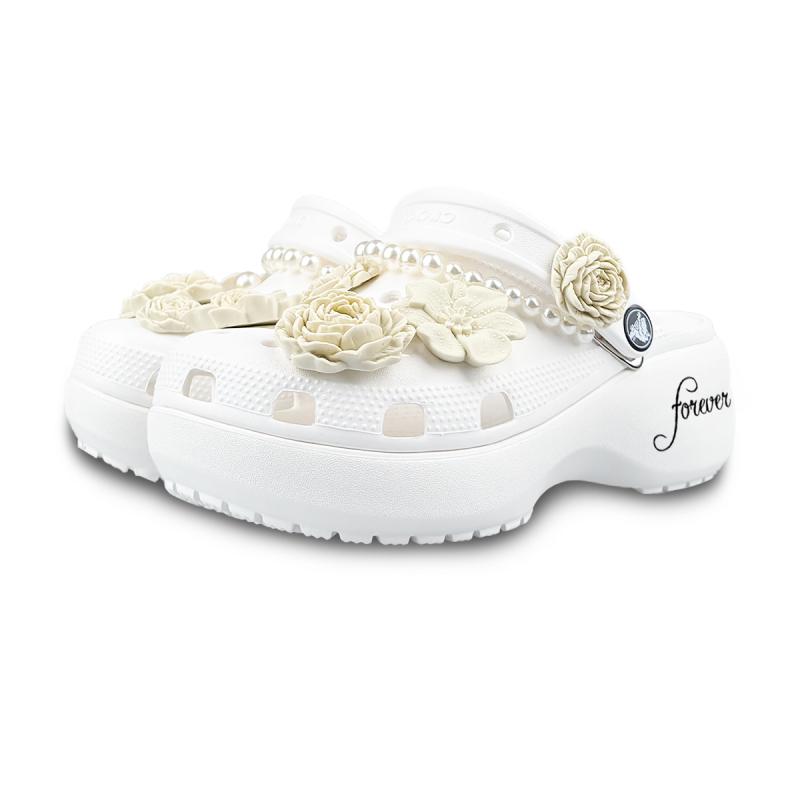 Crocs Classic Platform Clog EVA ZR Zhiran Immortal Bone Flower Pearl French Hand-Painted Versatile Hole Shoes Unisex White
