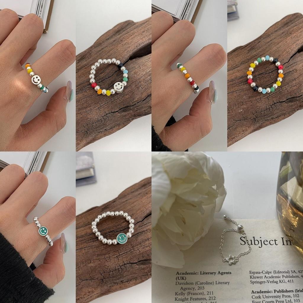 Elegant S925 Silver Smiley Face Charm Ring With Colorful Beads For Trendy Women