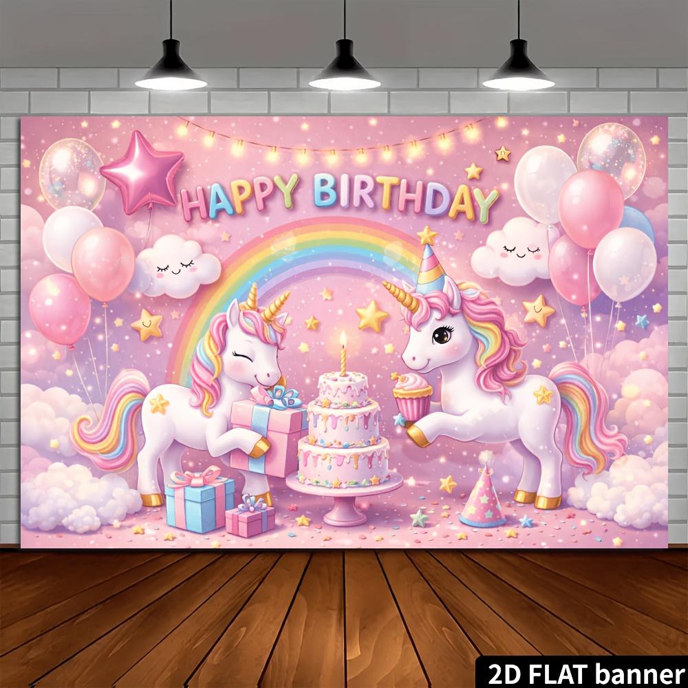 2D planar unicorn-themed birthday party banner background made of durable polyester material for wall decoration