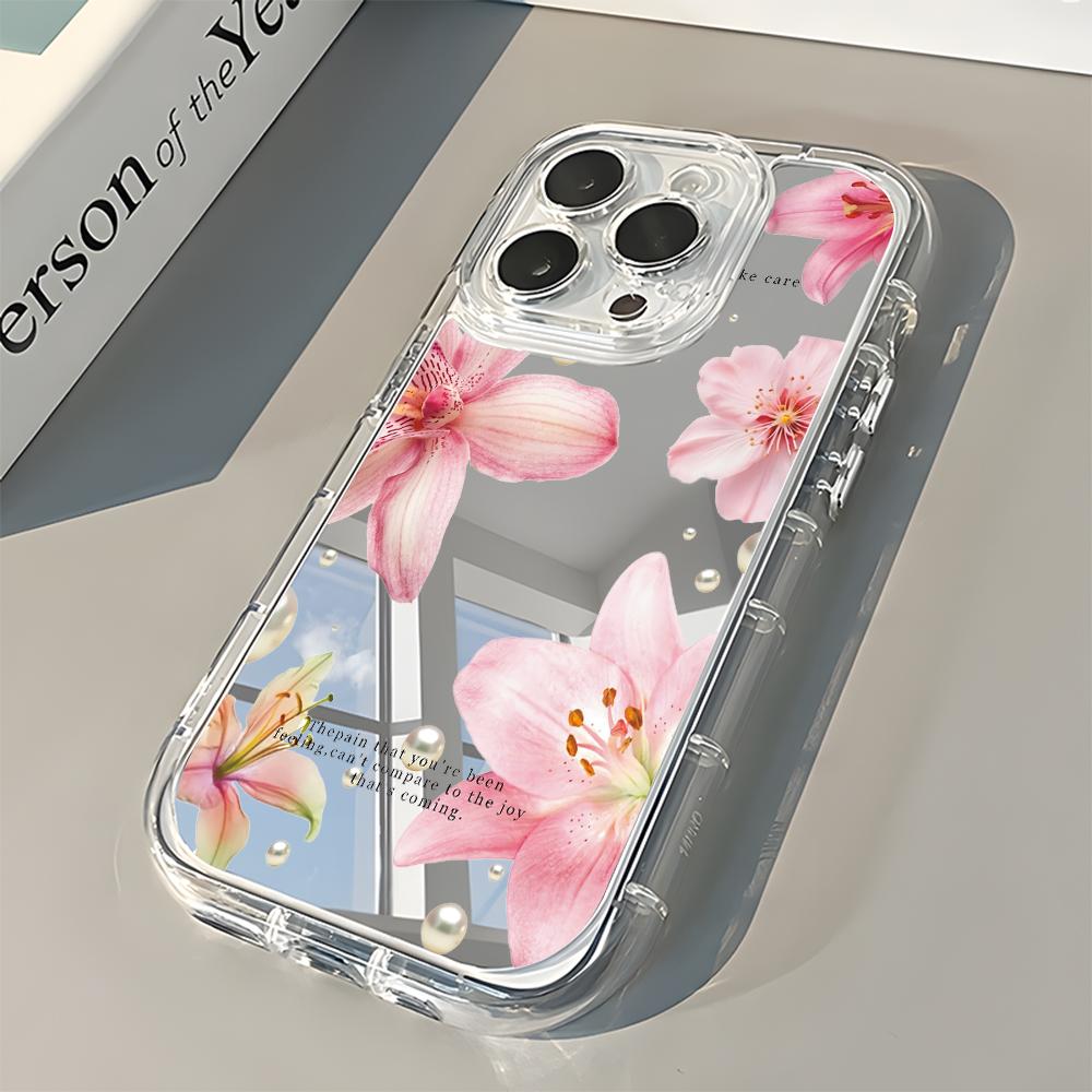 Elegant Pink Lily Flower Pattern Mirror Soft Phone Case For iPhone 17 16 15 14 13 12 11 Pro Max Air X XR XS 7 8 Plus Back Cover