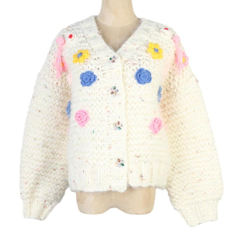Mori Style V-Neck Hand-Embroidered Floral Color Block Knit Cardigan for Autumn/Winter.