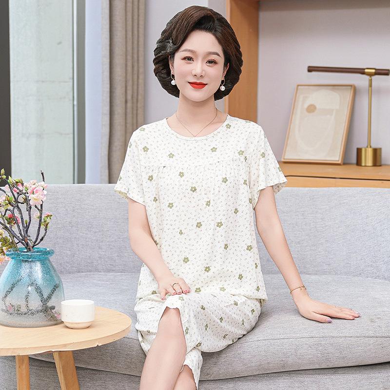Pijamas de seda y algodón de verano para mujer: Conjunto holgado de dos piezas de manga corta para personas de mediana edad y mayores, talla grande, ideal para exteriores.