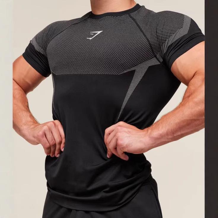 Men's Short Sleeve Gym Sports T-Shirt: Elastic, Crew Neck, Fashion Printed, Fitness Running Training Top