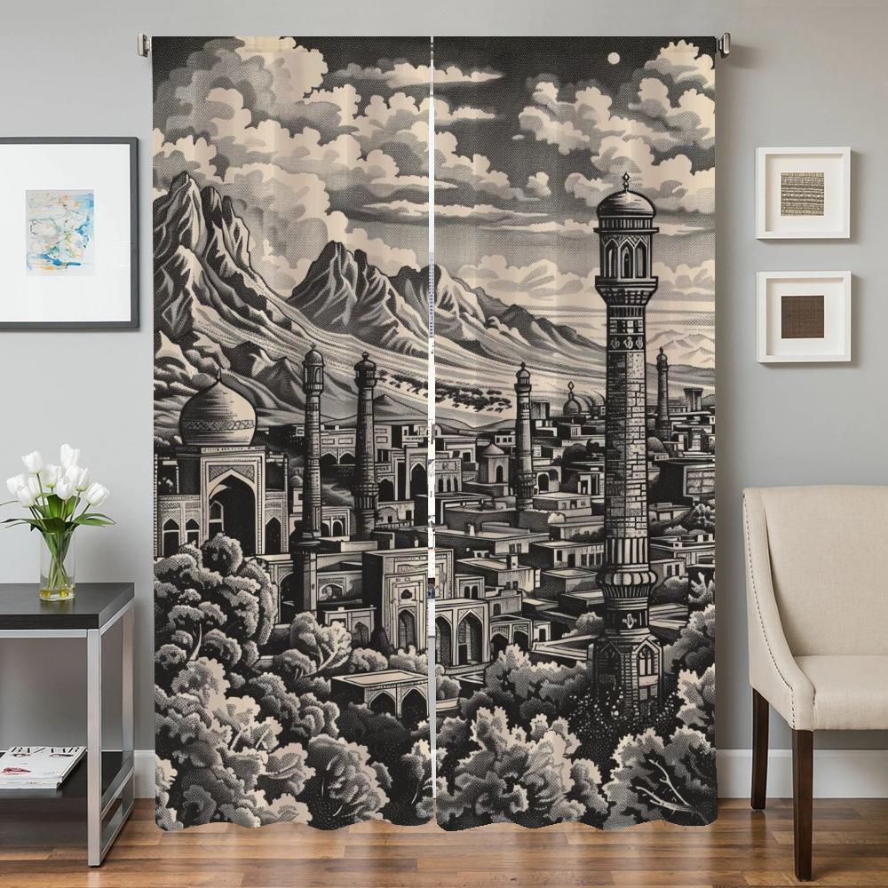 Kitchen Curtains for Living Room 2 Pieces Blackout Curtains Door Curtain Ancient Architecture Partition Bedroom Decoration Shade