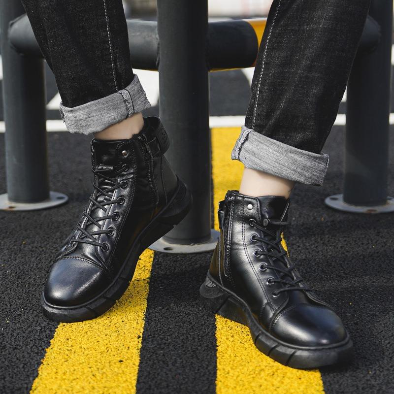 Fashion High Top Men's Leather Boots British Style Platform Boots for Men Fleece and Warm Soft Soled Men's Boots Resistant Shoes