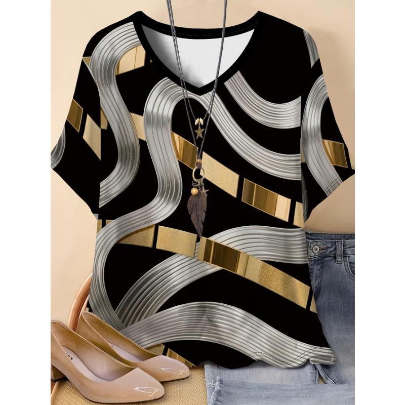 Large women s V-neck elastic T-shirt, geometric 3D printed elastic round neck top, plus size clothing plus size T-shirt S