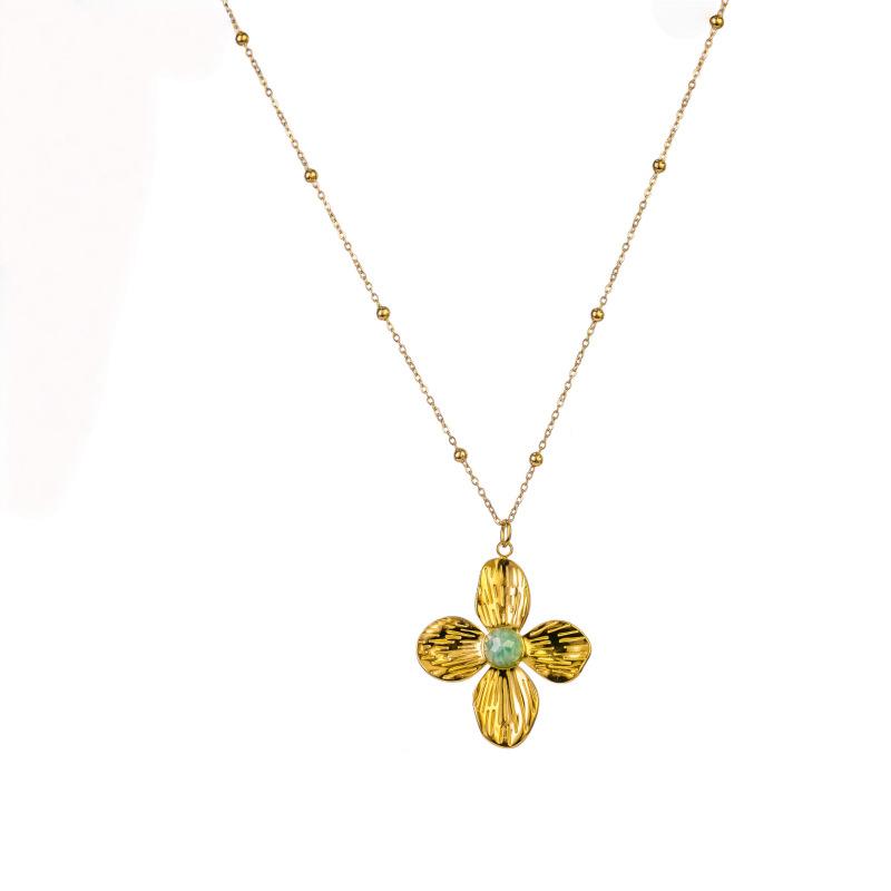 1pc 18K Golden Plated Stainless Steel Flower Shape White Tiger Eye Amethyst Stone Pendant Necklace Fashion Collar Jewelry аквамарин