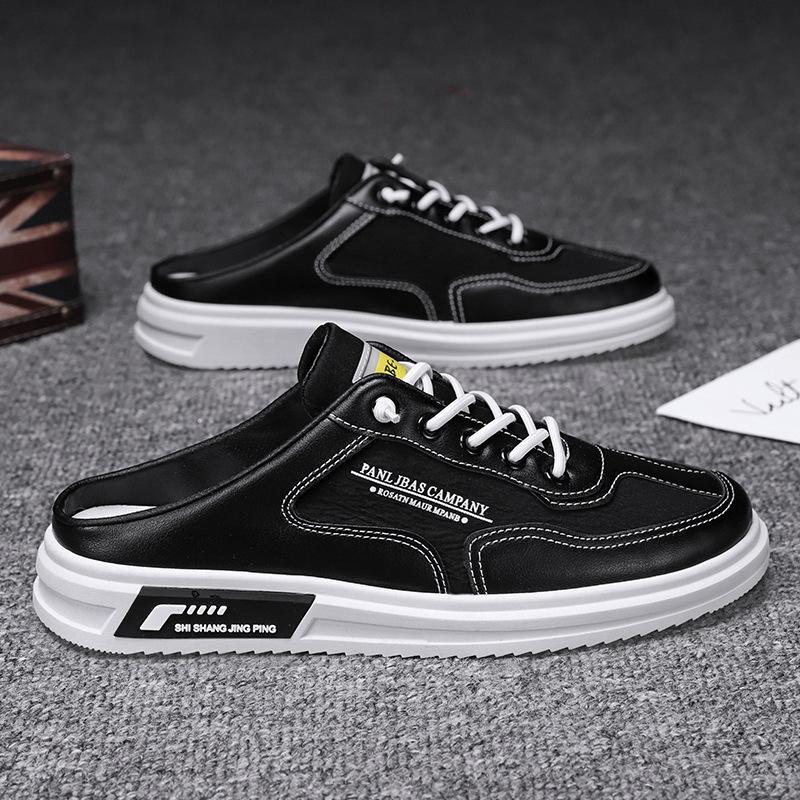 Summer Men Casual Flats Shoes Breathable Fashion Men Half Slippers Outdoor Canvas Shoes Saft-sole Black Sandals