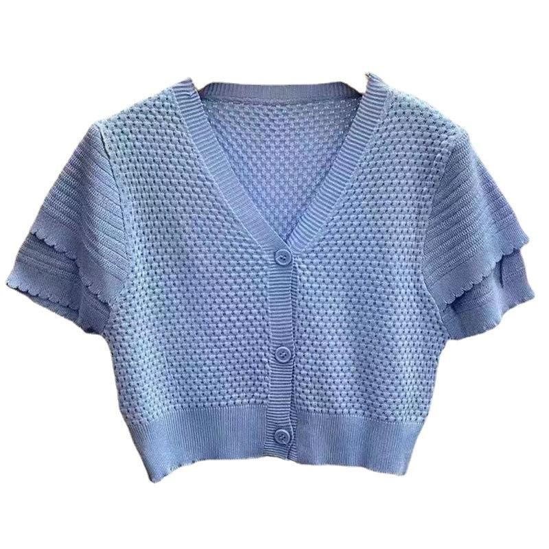 Mode Princesse Manches Bouffantes Manches Courtes Fin Col en V Cardigan Blouse Nombril Découvert Taille Haute Court Petit Chemisier Pull Tricoté Femme