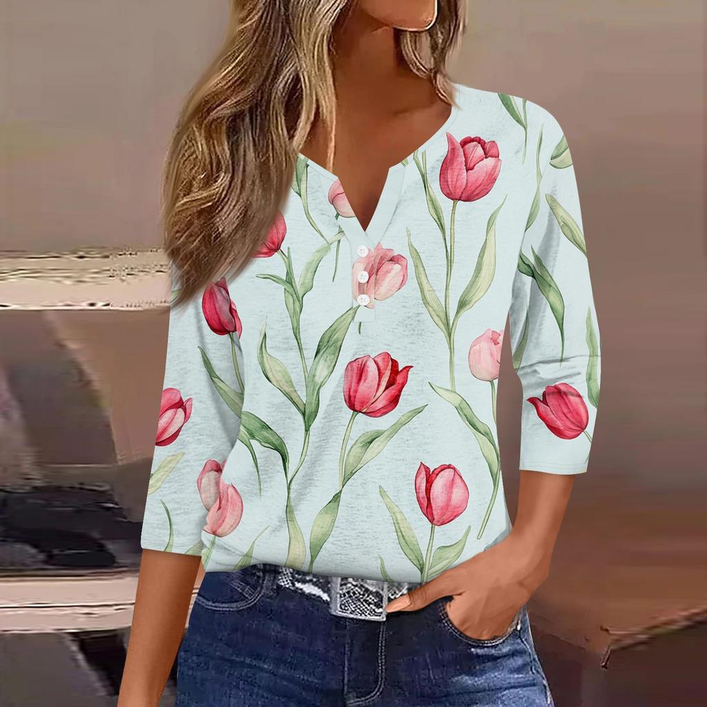 Damska koszulka z nadrukiem na guziki, rękaw 3/4, codzienna, weekendowa, modna, podstawowa, dekolt w serek, regularny top