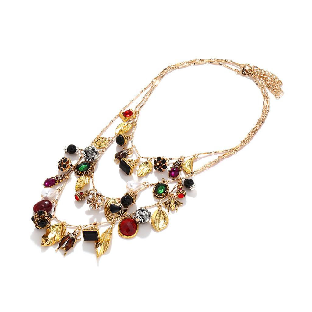 Multilayer Heart Leaf Insect Flower Pendant Necklace Contemporary Layered Necklace With Heart Leaf And Floral Patterns