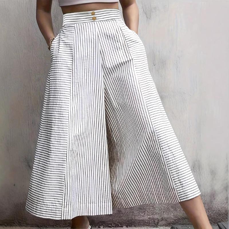 Women's 2025 Casual Striped Wide Leg Pants Button Decorated Loose Pants