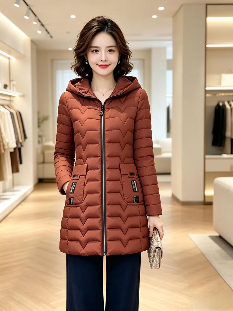 Medium and long down cotton-padded clothes, women's slim-fit hooded cotton-padded clothes, winter warm jackets, and mother's large-size cotton-pad