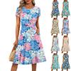 Women's Casual Fashion Round Neck Pleated Short Sleeve Floral Print A-Line Midi Dress