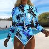 Women Long Sleeve One Piece Swimsuit Zip Front  Sea Turtle Print Rash Guard Surfing Bathing Suit