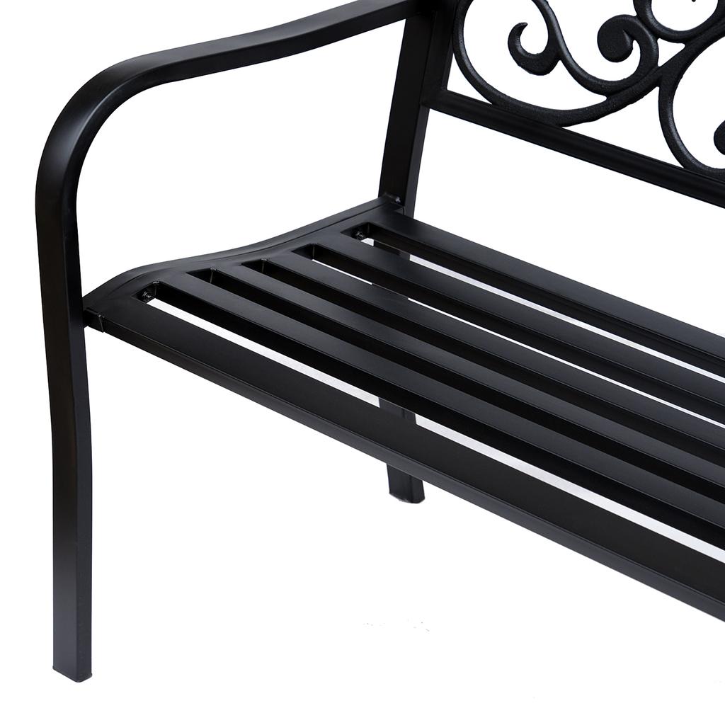 Metal Garden Bench with Floral Backrest and Armrests - Black