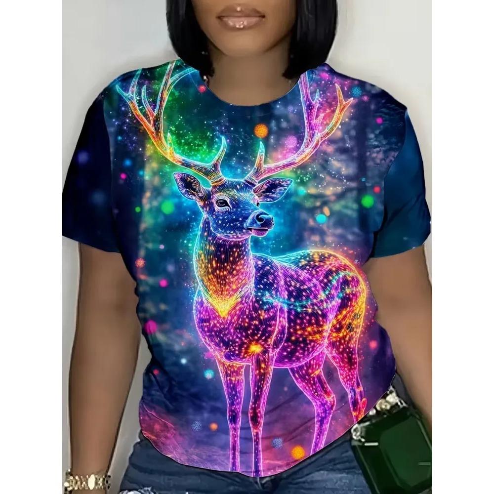 Summer Women's Loose Plus Size Creative Animal Print 3D Short Sleeved T-shirt Fashionable Comfortable Soft Breathable Short Sleeved T-shirt