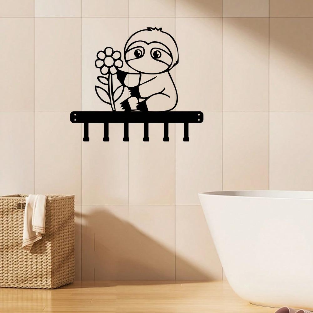 Metal Wall Mount Key Holder with Sloth Bear and Flowers Design Decorative Home Entryway Organizer