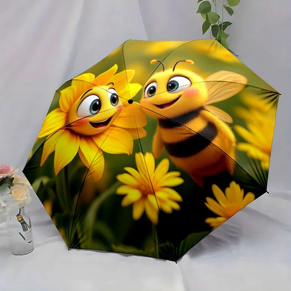 Folding Umbrella The umbrella features vibrant sunflowers and a cheerful bee character named Honeybee. Fits Travel, Backpack,