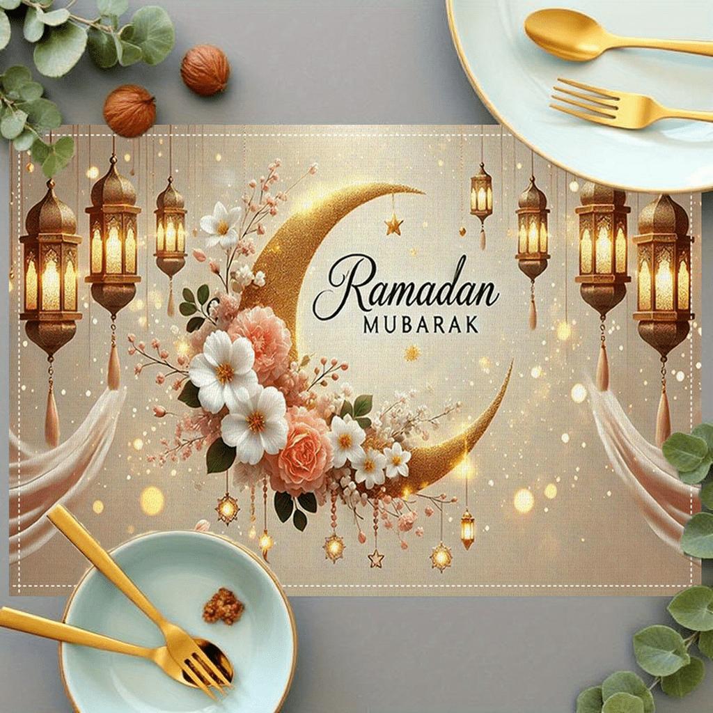 Ramadan Mubarak Leinen-Platzsets Feiertagsparty-Dekoration Goldene Mondlaterne Blumige Eid Al-Fitr Tischsets Ramadan-Dekorationen