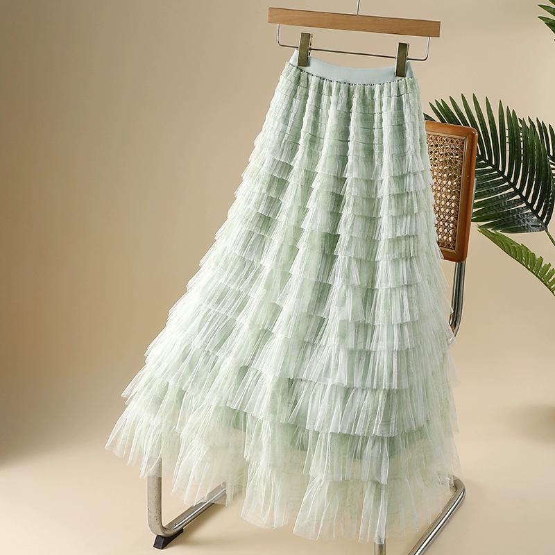 DIMANAF 2025 Summer Women Skirts Vintage Elastic Pleated Elegant Long Skirts New Lace Blue High Waist