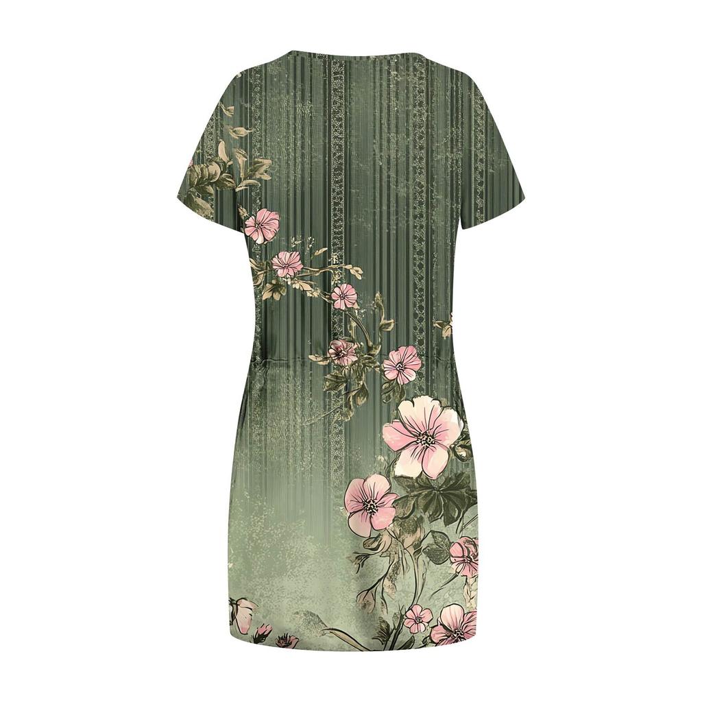 Damenmode Lässiges Kleid mit V-Ausschnitt und kurzen Ärmeln, Kordelzug und Paillettenbedruck
