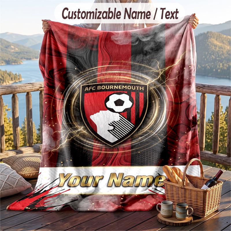 Flannel Blanket Bournemouth Football Print Custom Name Text Soft Throw for Sofa Bed
