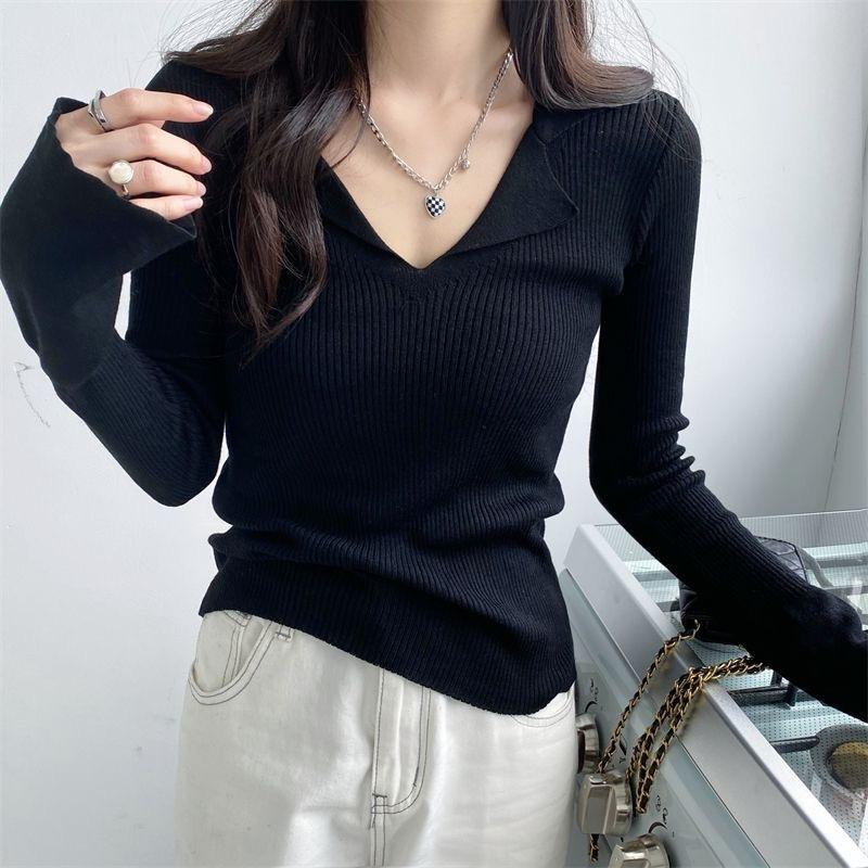 Schönes kleines Hemd, figurbetontes langärmeliges Oberteil, neuer Damen-Innenpullover für den frühen Herbst, gestricktes Unterhemd