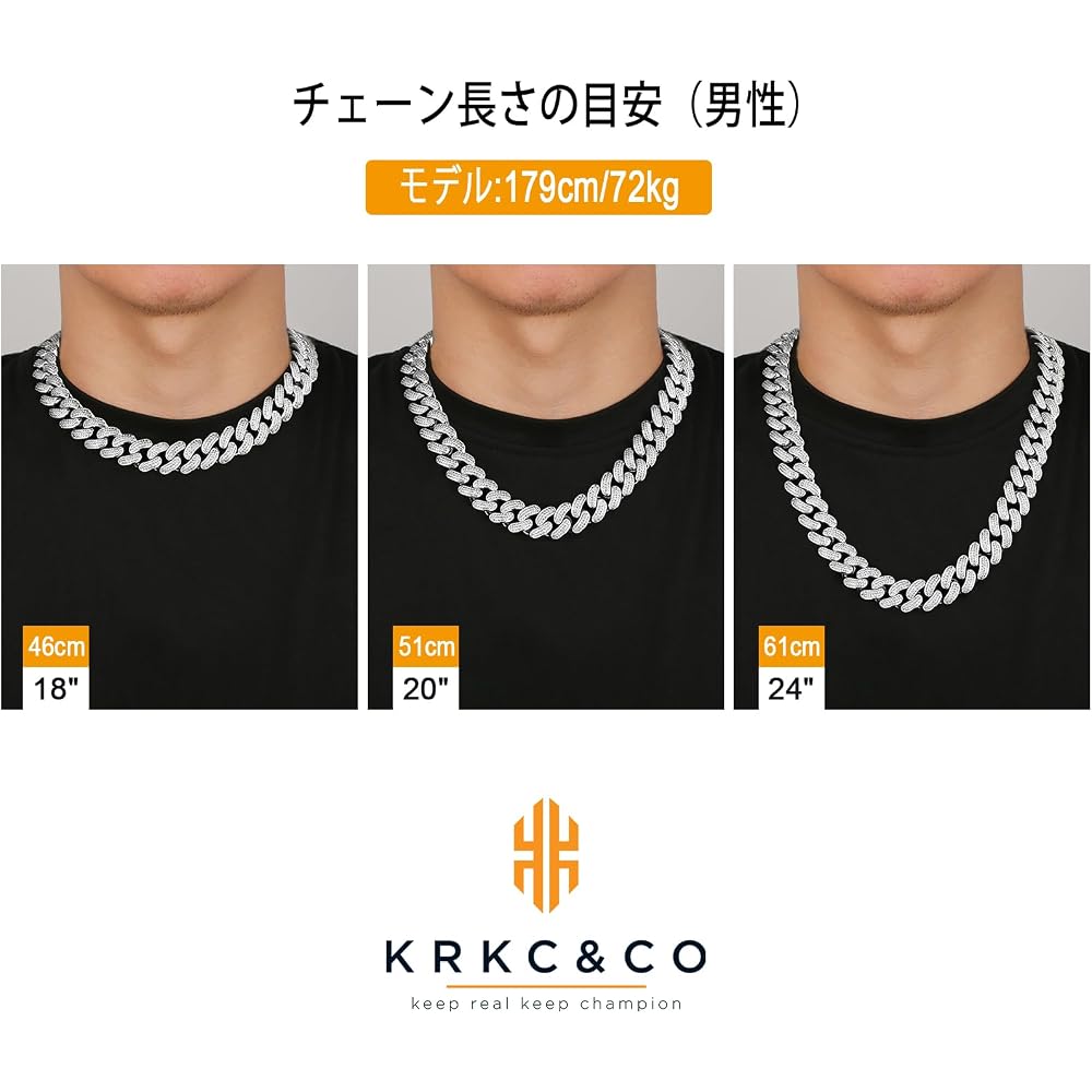 KRKC&CO Miami Cuban Chain Necklace 18mm White Gold Plated with Zirconia Men's Choker Hip Hop Accessory 46cm